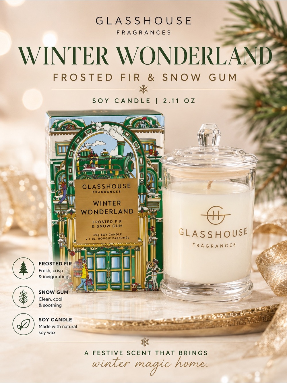 Glasshouse Winter Wonderland Frosted Fir & Snow Gum Soy Candle 60g